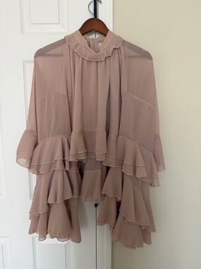 Sheer Ruffle High-Neck Blouse in Dusty Rose
